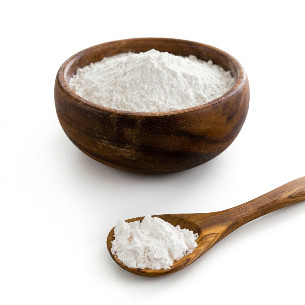 Organic arrowroot powder ararot in a wooden bowl for gluten-free cooking and baking.